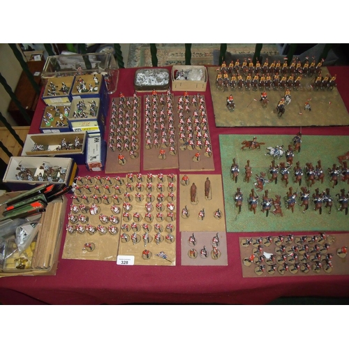 328 - Quantity of various painted cast metal military miniatures mostly painted, mounted and set out in sc... 