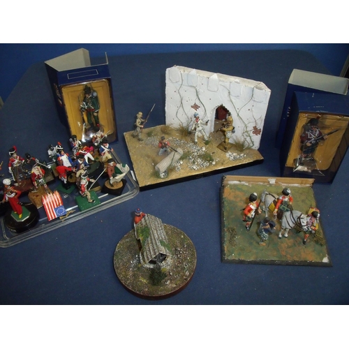 338 - Quantity of various cast metal military miniatures including scenic layouts, individual pieces, and ... 