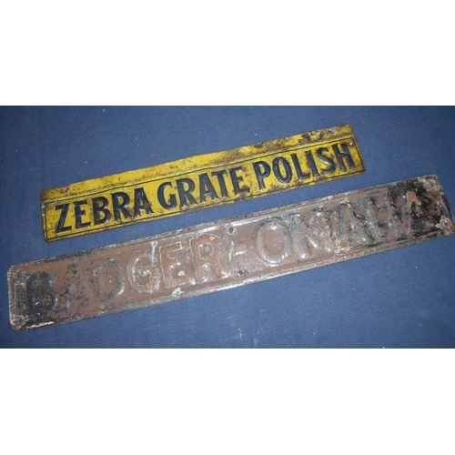 35 - Two vintage tin advertising signs, one for Zebra Great Polish and another with embossed detail for B... 