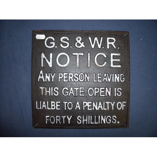 40 - Reproduction cast metal G.S & W.R Penalty Notice (26.5cm x 26.5cm)