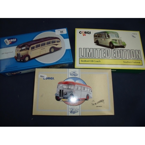 96 - Boxed Corgi AEC Regal Coach, similar limited edition Bedford OB Coach Southern National and another ... 