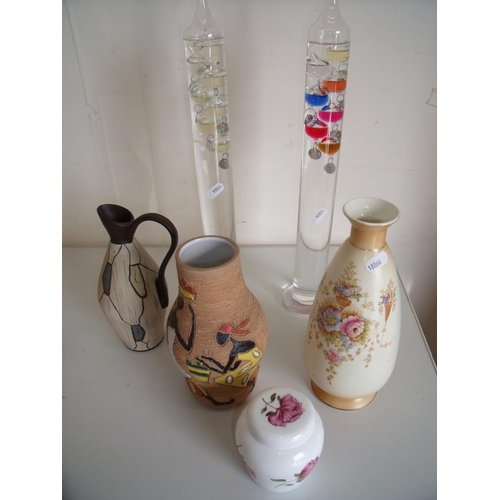 69 - Crown Devon vase, various studio ceramics, two glass thermometers and an early 20th C French style s... 