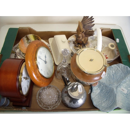 89 - Selection of various decorative ceramics, plated ware, cut glass, two modern clocks, pewter claret s... 