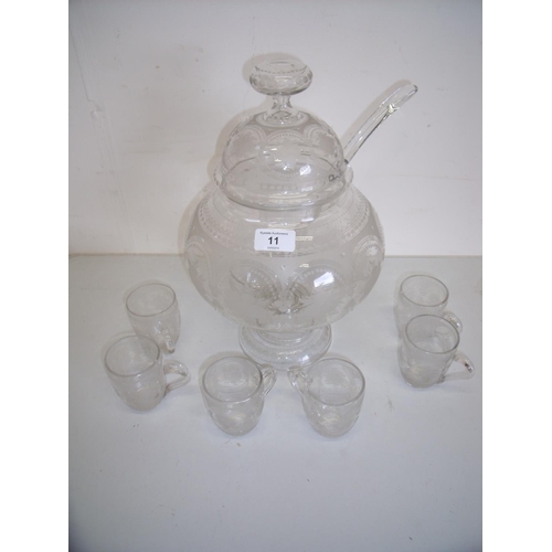 94 - Edwardian quality glass punch bowl, ladle and set of six cups with engraved detail