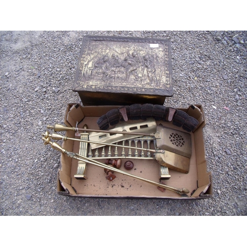 96 - Brass fire companion set, various fire tidies and other brass and copperware