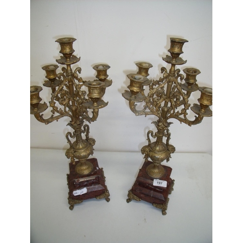 108 - Pair of late Victorian gilt metal and marble five branch candelabra garnitures