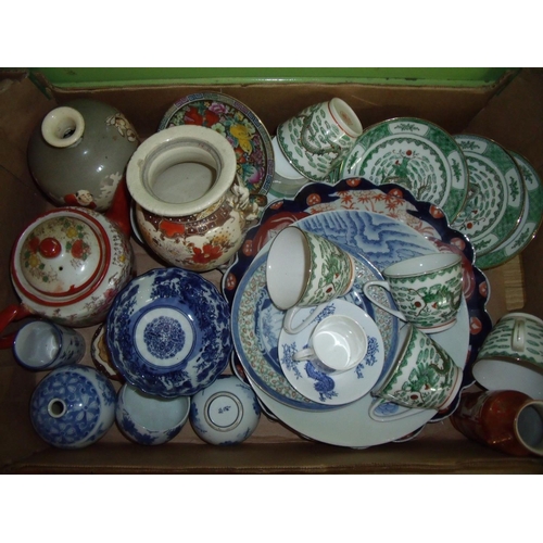 125 - Box containing a selection of various assorted oriental ceramics including a pair of Japanese blue &... 