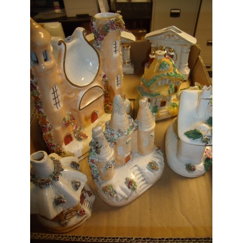 128 - Selection of various Staffordshire style cottages, Pastille burners, pocket watch holder etc (8)