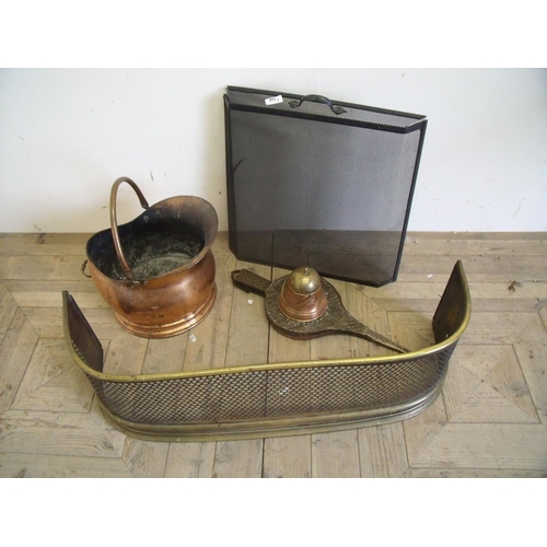 196 - Late Victorian brass and meshwork fire fender, a spark guard, pair of bellows, coal helmet and match... 