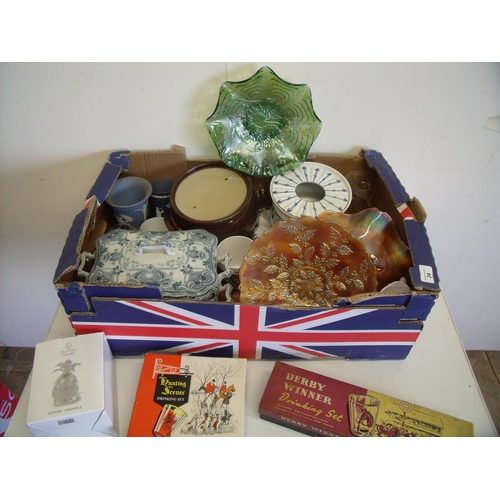24 - Box containing a mixed selection of pottery including Wedgwood plates, some carnival glass, a Derby ... 