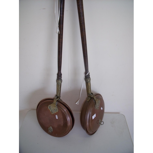 32 - Pair of copper bed warming pans with turned wood handles
