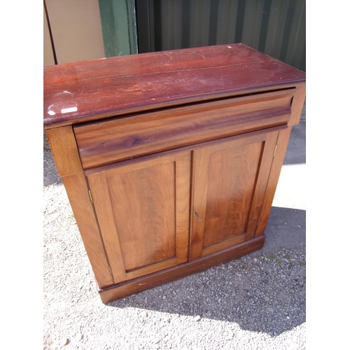 330 - 19th C mahogany cabinet with concealed frieze drawer above two cupboard doors (85cm x 46cm x 94cm)