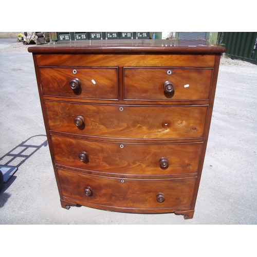 331 - Bow fronted mahogany chest of two short above three long drawers with Mother of Pearl escutcheons, o... 