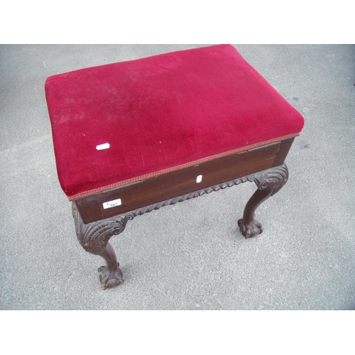 341 - Quality rectangular mahogany piano stool with lift-up upholstered top, on ball and claw feet