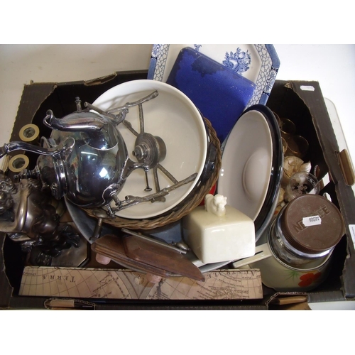 36 - Selection of various decorative ceramics including Lurpak butter dish, silver plated spirit kettle e... 