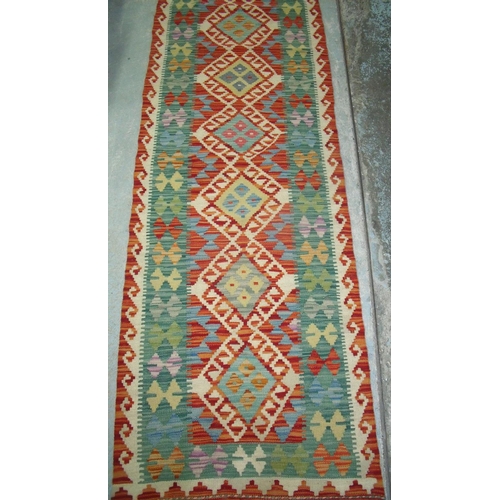 366 - Multi-coloured vegetable dye wool Chobi Kelim runner (200cm x 65cm)