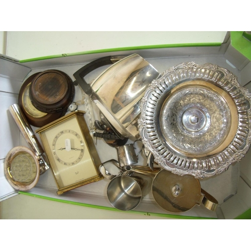 39 - Silver plated tazza and other plated ware including jugs, teapots etc, small wall barometer and a Wr... 