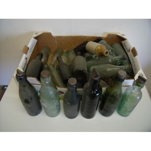9 - Box containing a selection of various vintage bottles including lemonade bottles, beer bottles etc