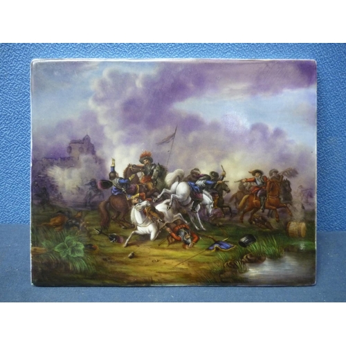 7 - 19th C rectangular porcelain tile plaque with painted detail of continental style Calvary battle sce... 