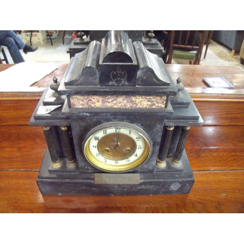114 - Late 19th C black slate and variegated marble mantel clock of architectural form movement stamped wi... 