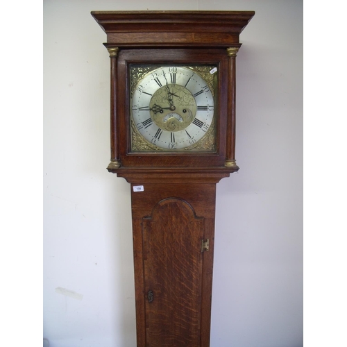 123 - Jones of Wrexham brass and steel faced eight day oak cased long case clock, with date dial to the fa... 
