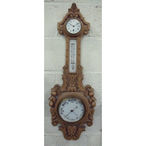 128 - Late Victorian heavily carved framed combination wall clock barometer with white enamel dials patent... 