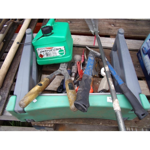 125 - Selection of garden tools including petrol can, shears, screwdriver and kneeler