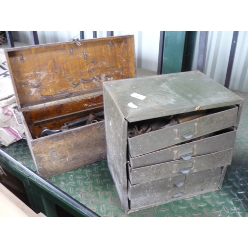 29 - Set of tin drawers containing various tools and a wooden box containing various tools