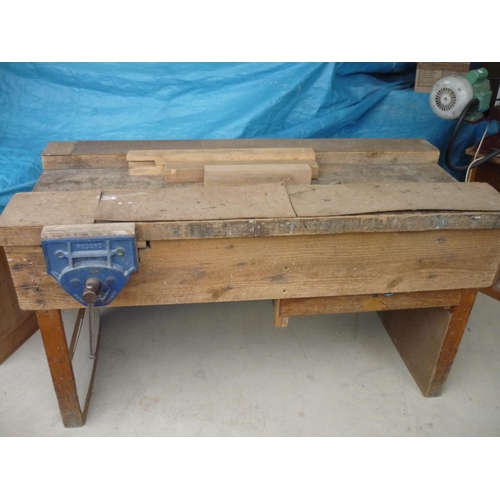 42 - Wood working bench with record vice and drawer containing various woodworking tools