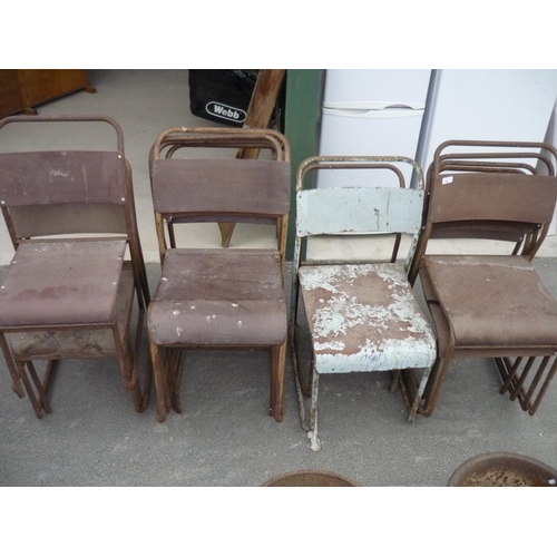 75 - Collection of 13 metal framed school chairs with formica seats and backing