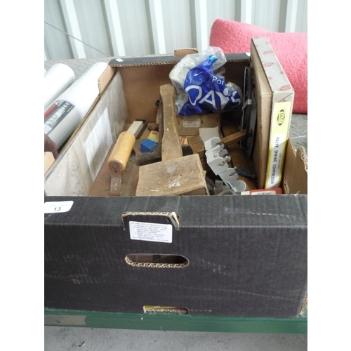 13 - Box containing various tools including mallet, hand drill, hammers and drill bits