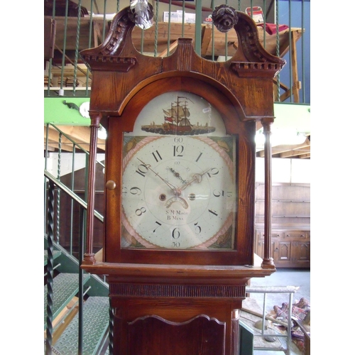 140 - Stained pine cased 8 day long case clock with arched panted dial, with date and minute secondary dia... 