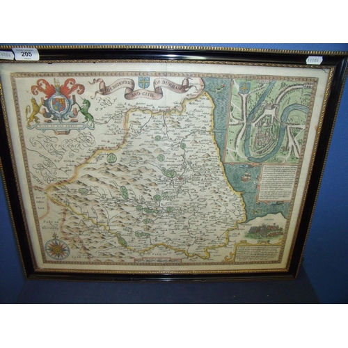 205 - Framed and mounted 18th C hand coloured map of Durham (58cm x 46cm)