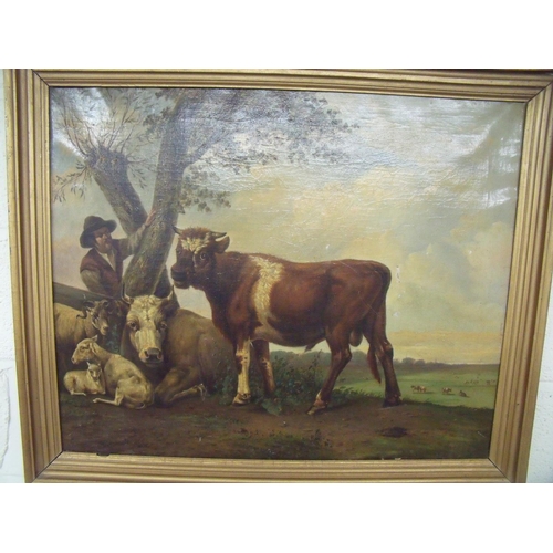 206 - Large 19th C oil on canvas depicting cattle and herdsmen under a tree faintly signed and dated lower... 