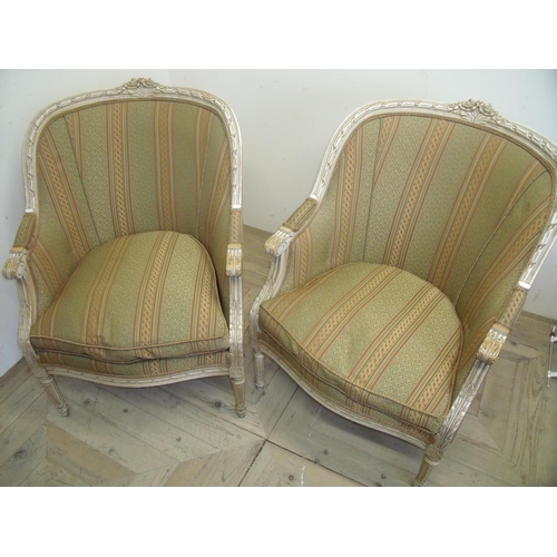 267 - Pair of French style cream painted carved wood framed armchairs with upholstered seats, backs and ar... 