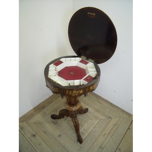 268 - Victorian rosewood circular top sewing box with hinged lift up top, elaborate inlaid detail depictin... 