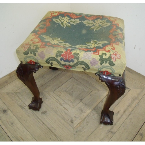270 - Victorian mahogany dressing table stool with woolwork upholstered top, carved detail and ball & claw... 