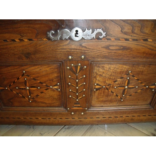 273 - Extremely large 19th C oak coffer, the hinged lid with brass studded detail, with inlaid and paneled... 