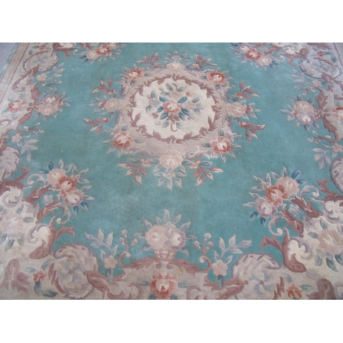 303 - Green and beige Chinese woolen rectangular rug 273cm x 245cm