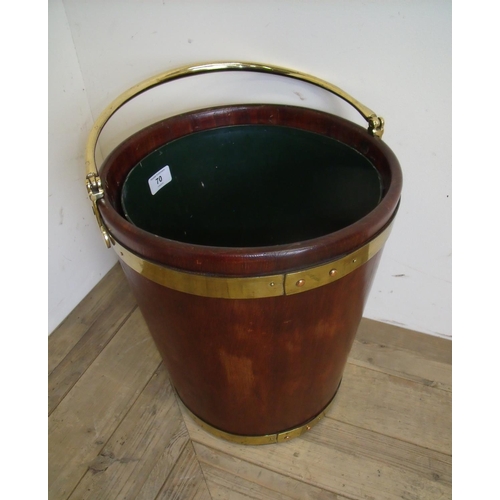 70 - Early 19th C style mahogany and brass bound heat bucket with swing handle and later tin liner
