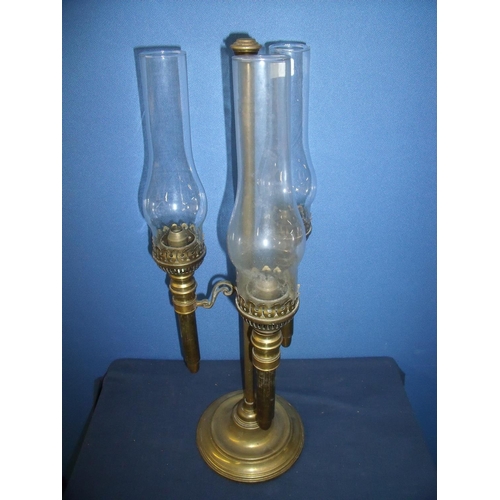 77 - Unusual 19th/20th C three branch brass oil lamp with central column on turned base, complete with cl... 