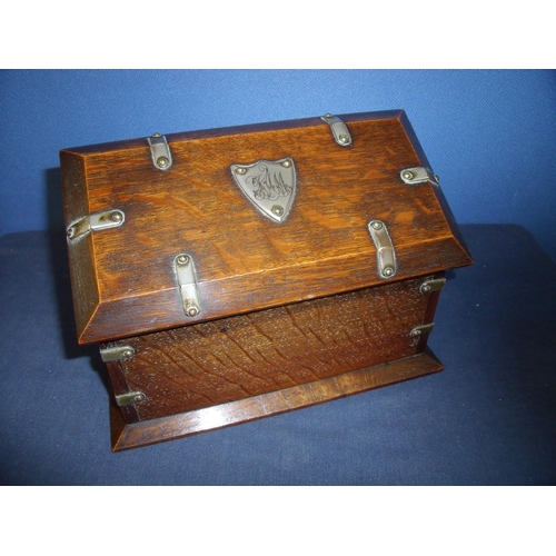 81 - Edwardian oak correspondence table box of rectangular form with hinged lid and three sectional inter... 