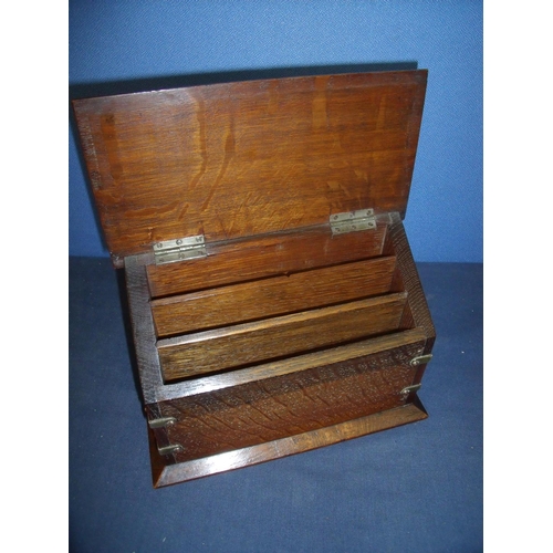 81 - Edwardian oak correspondence table box of rectangular form with hinged lid and three sectional inter... 