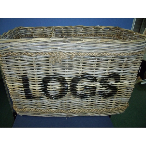 83 - Large modern quality wickerwork two sectional log basket with rope work handles and binding, with sc... 