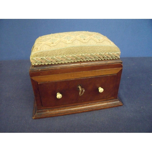 91 - 19th C mahogany sewing box with needlework upholstered top and single drawer, with turned ivory fini... 