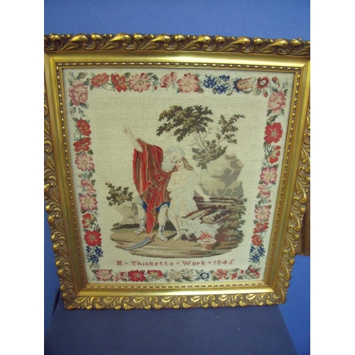 93 - Gilt framed and mounted mid 19th C woolwork sampler depicting couple in landscape scene within flora... 