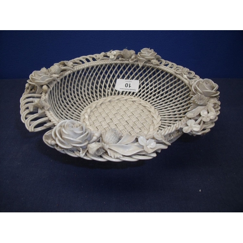 10 - Early Belleek latticework bowl with floral detail to the rim, the underside marked Belleek with addr... 