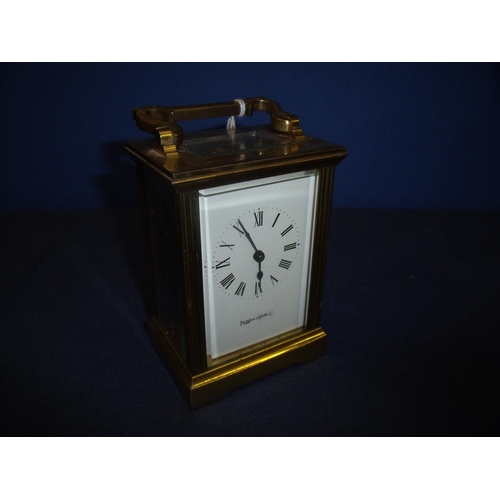 101 - 20th C brass cased carriage clock white enamel dial, lever platform escapement, retailed by Mapping ... 