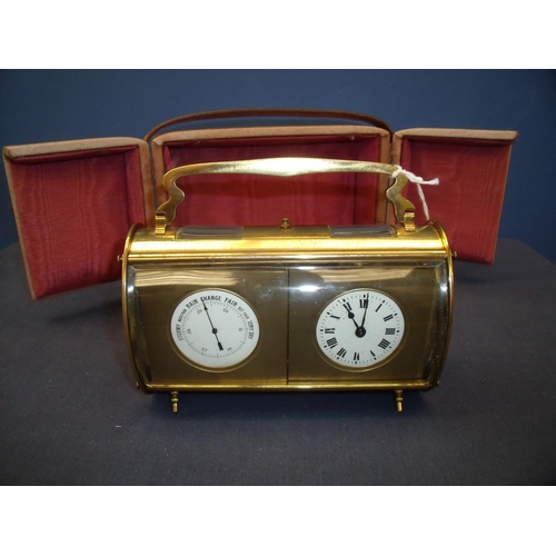 105 - Late 19th C brass cased combination barometer and time piece ovoid cylindrical case, white enamel di... 