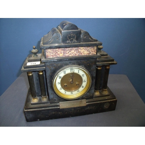 114 - Late 19th C black slate and variegated marble mantel clock of architectural form movement stamped wi... 